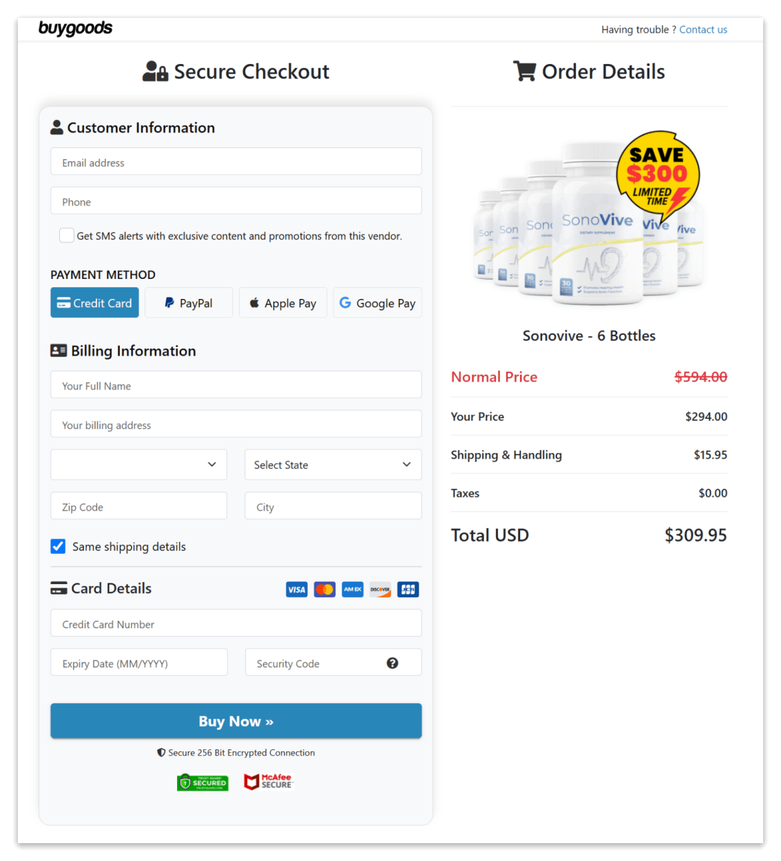 SonoVive Secure Checkout Page